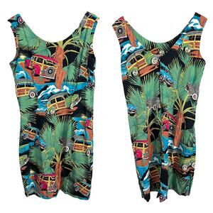 Vintage Diamond Head Womens L Hawaiian Dress Woodie Car Print 80s 90s Rockabilly